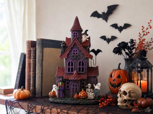 Halloween Village Figurine Set - Haunted House Decor with Purple Lights