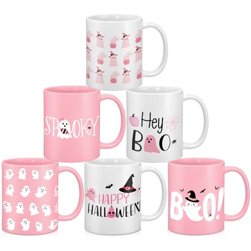 Pink Ghost Halloween Coffee Mug Set 6 Pcs - 12 oz Ceramic Cups for Women