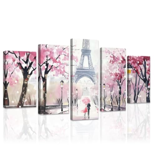 Pink Paris Canvas Wall Art Set - 5 Pieces Eiffel Tower Landscape Prints, White Frame, Romantic Home Decor, Variations: White / 8x14in x2, 8x18in x2, 8x22in x1