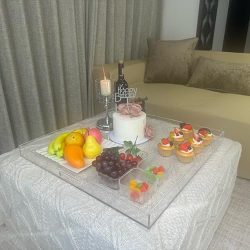 Extra Large Clear Acrylic Ottoman Tray 24x24 Inch with Handles - Over-Sized Serving & Decorative Organizer