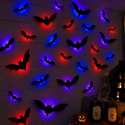 Makevivi 24 Pcs Halloween LED Bat Wall Decor - 3D Light-Up Bats for Door & Window, Spooky Indoor Outdoor Decorations