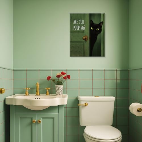 Funny Black Cat Bathroom Wall Art Print - Pooping Variation, 8x10 Canvas Framed