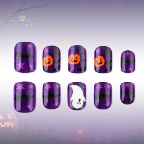 Halloween Press On Nails W10 Purple Short Square Fake Nails with Ghost Pumpkin Bat Web Design