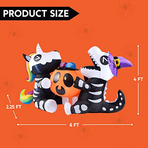 6FT Halloween Inflatable Skeleton Unicorn & Dinosaur Yard Decor with LED Lights