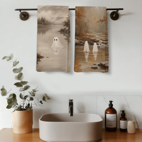 Ghost Kitchen Hand Towels Set of 2 - Rustic Fall Halloween Decor 16x24 Inch - Ghost-2