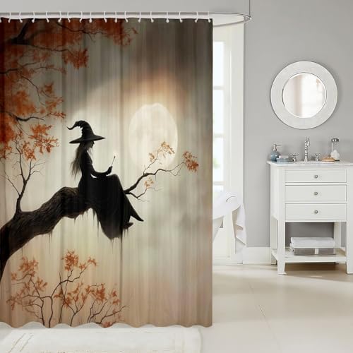 Halloween Gothic Bathtub Shower Curtain with Dark Moon Design - Beige Brown, 72 x 72 Inches