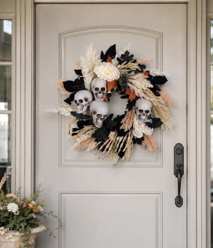 24-Inch Halloween Wreath with Skulls, Leaves & Peonies for Front Door Decor