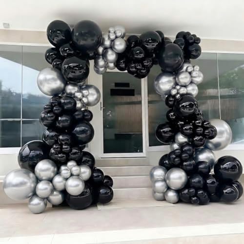 Black Silver Balloons Set - 12 Inch, 100 Pack with Ribbons - Variation of Black Silver