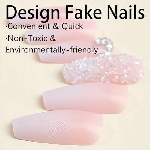 Pink Press On Nails - Long Square Coffin Fake Nails with Rhinestone Design, 3-Pink Gradient Variation, 24Pcs