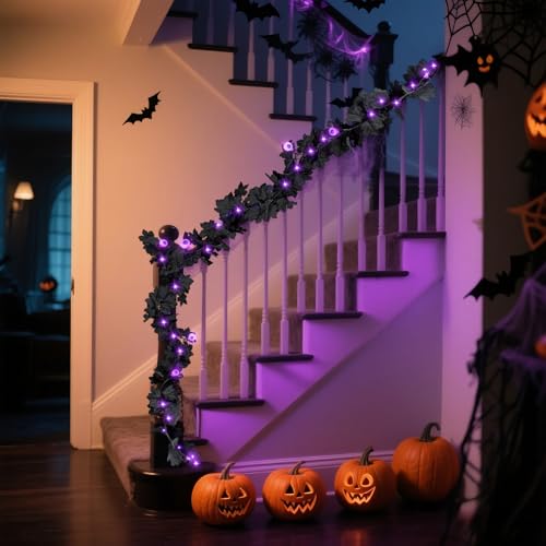 6FT Black Maple Leaves Halloween Garland with 20 LED Purple Lights