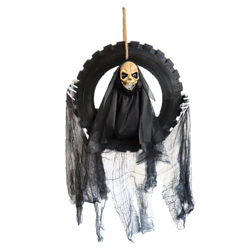 Lighted Talking Moving Skeleton Head Reaper Halloween Hanging Decor with Motion Sensor