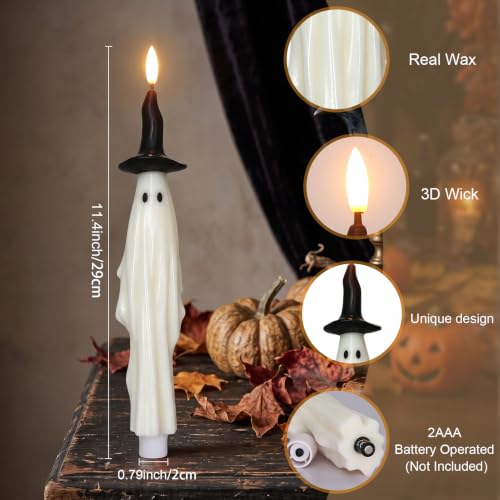 Halloween Witch Ghost Flameless Taper Candles - Battery Operated, Timer, Safe Decor