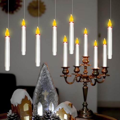 White Floating Candles with Remote - 10 Pack Flameless Hanging LED Taper Candles
