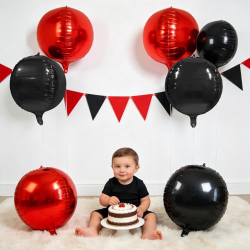 Black 4D Round Balloons - Metallic Mirror Finish Helium Balloons for Party Backdrop, 6 Pack - Black