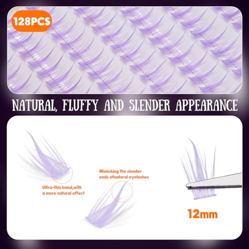 Light Purple Lash Clusters 12mm False Eyelashes for Halloween & Cosplay - 128 pcs
