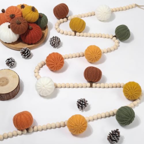 Halloween Crochet Pumpkin Garland with Wood Beads - Earth Tone, 6.5ft