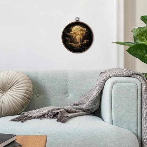 Dark Academia Moon Wall Art Decor - 10x10 Inch Round Canvas with Golden Moon & Cloud Design