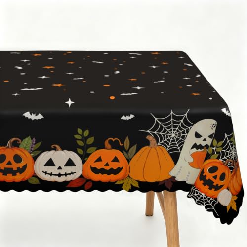 Black 102x60 Inch Halloween Pumpkin Ghost Tablecloth for Fall & Party Decor