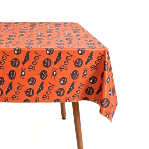 Halloween Vinyl Tablecloth with Flannel Backing 60x84 Inch - Orange & Black, Waterproof & Reusable