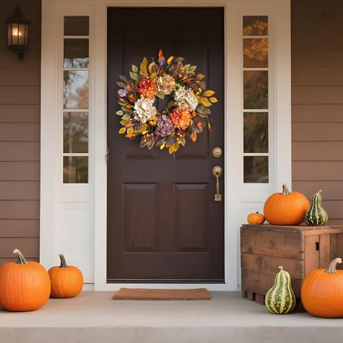24-Inch Autumn Front Door Wreath with Hydrangea, Dalia and Pumpkins - Fall Decor