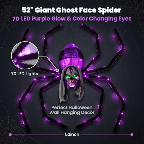 52-Inch Wall-Mounted Halloween Giant Skull Face Spider with Flashing Red & Green Eyes - Outdoor Decoration