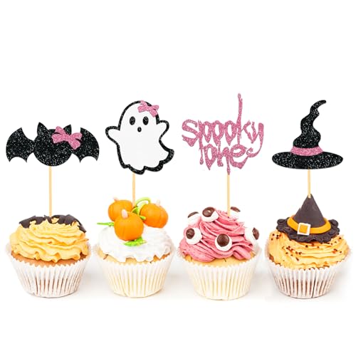 Pink Ghost Cupcake Toppers for Halloween 1st Birthday - Pink One, 24 Pcs
