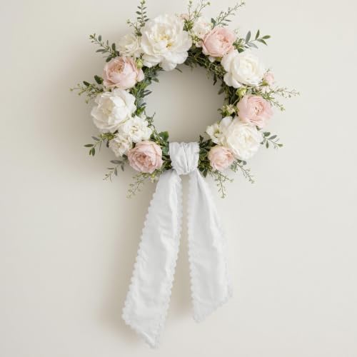 White Satin Wreath Sash Set - 4 Pieces with Plain Trim for Front Door Decor
