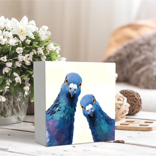 Whimsical Blue Pigeon Bird Wooden Sign - Home Decor Wall & Desk Accent