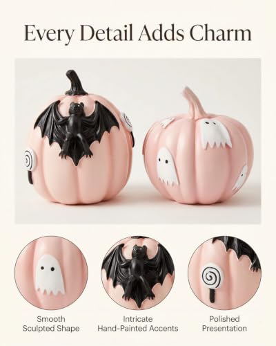 Halloween Pumpkin Figurines Set of 2 - Cute Resin Decor with Bat & Ghost - Pink Pumpkins