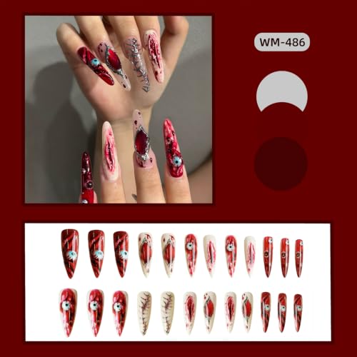 Halloween Long Almond Fake Nails with Spooky Eyes - Gothic Press On Nails Kit
