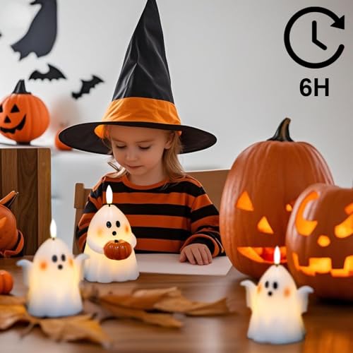 White Halloween Ghost Flameless Candles with 6H Timer - Spooky Ghost Decor