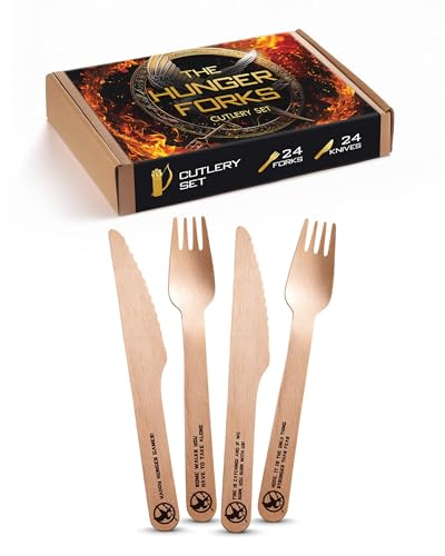 Eco-Friendly Disposable Wooden Cutlery Set with Hunger Games Quotes - 48pcs for Parties