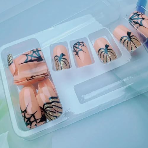 Halloween Press On Nails Medium Gold Pumpkin Design D Nails 4 - Ghost & Spider Web