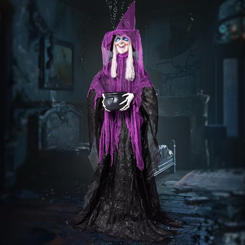 Fuchsia Halloween Standing Witch with Cauldron - Scary Ghost Decor with Sound & Lights