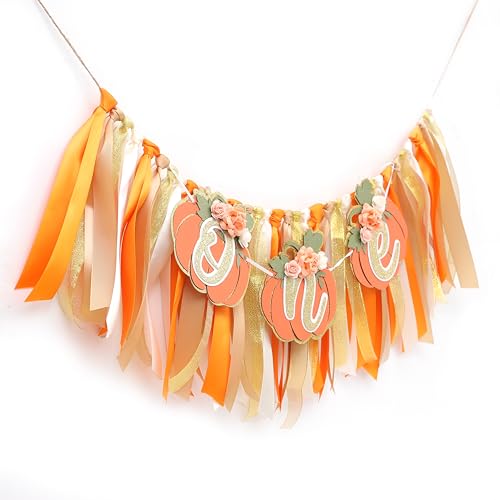 First Birthday Pumpkin High Chair Banner for Fall & Halloween Party - Orange Ribbon Decor