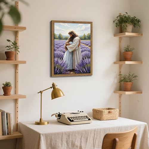 Jesus Embracing Girl Framed Christian Wall Art - 16x12in Religious Canvas Print - Lavender Scene