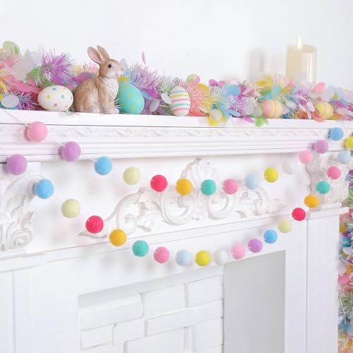 Colorful Easter Pom Pom Garland - Large 1.18 Inch Felt Balls, 13 Ft Spring Decor