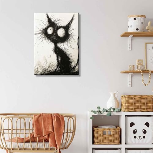 Black Cat Canvas Wall Art - Gothic Spooky Feline Painting for Halloween Decor - Wrapped 24"L x 16"W
