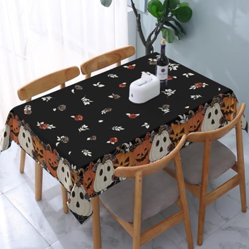84x60 Inch Halloween Rectangular Tablecloth Black Pumpkin Rose Floral Decor