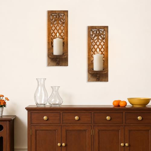 16 Inch Jharokha Wooden Candle Sconce with Mirror, Rustic Burnt Finish - Pack of 2