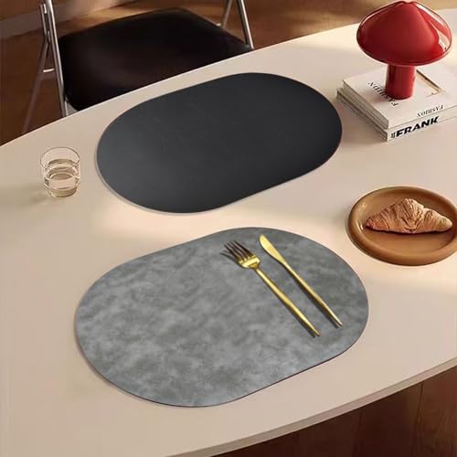 Dark Gray Oval Faux Leather Placemats Set of 6 Waterproof & Heat Resistant