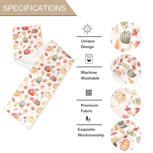 Fall Table Runner for Kitchen Dining 13x60 Inches - Harvest Pumpkins & Maple Leaves, Water-Proof & Washable