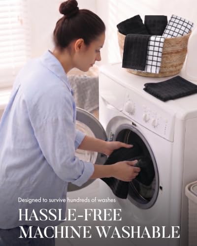 Kitchen Towel Set - 6 Pack 100% Cotton Black Dish Towels, 16x28 Inches - Soft & Absorbent