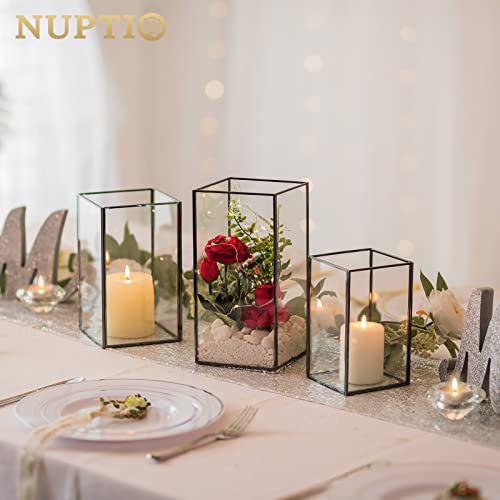 Glass Hurricane Candle Holders Set - Black Metal Rectangular Vases, 3 Sizes, 9.5, 8.1 & 6.5 Inch (Variation of THIS listing)