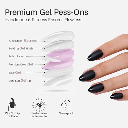 ShangMeng Matte Black Press On Nails with Glossy French Tips, Short Almond Shape, 32 Pieces