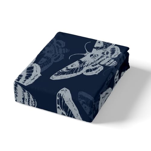 Full Size Boho Moth Bed Sheets Set - Navy Blue & White, Fitted & Flat Sheets