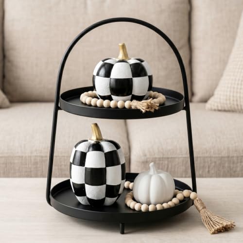 Black and White Checkered Pumpkins with Gold Stem - Resin Halloween Decor Set of 2