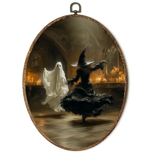 Ghost Witch Dancing Oval Wall Art Canvas - Dark Academia Halloween Decor, Variation 16