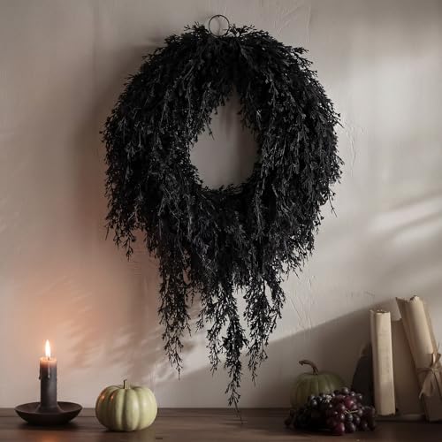 Black Halloween Cedar Wreath 20 Inch Artificial Seasonal Decoration for Front Door & Wall