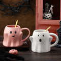 Halloween Ghost Mug Set - 14 oz Ceramic Drinkware with Golden Spoons